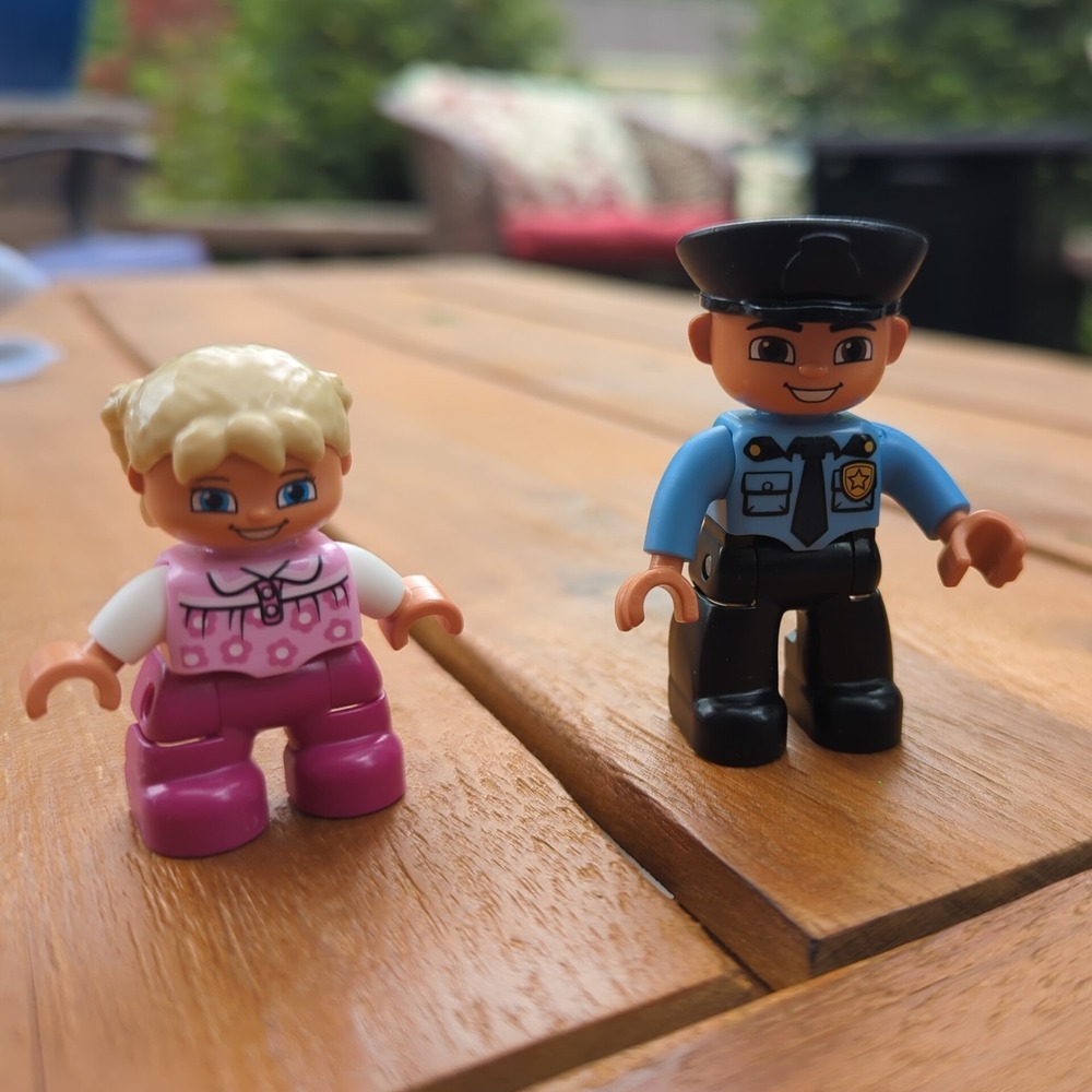 Duplo Figure Lego Ville‎ Police Man Black Legs Medium Blue Top w/ Badge and Girl